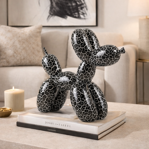Ballon Hund Skulptur 20 cm in Schwarz-Weiss Crackle-Optik