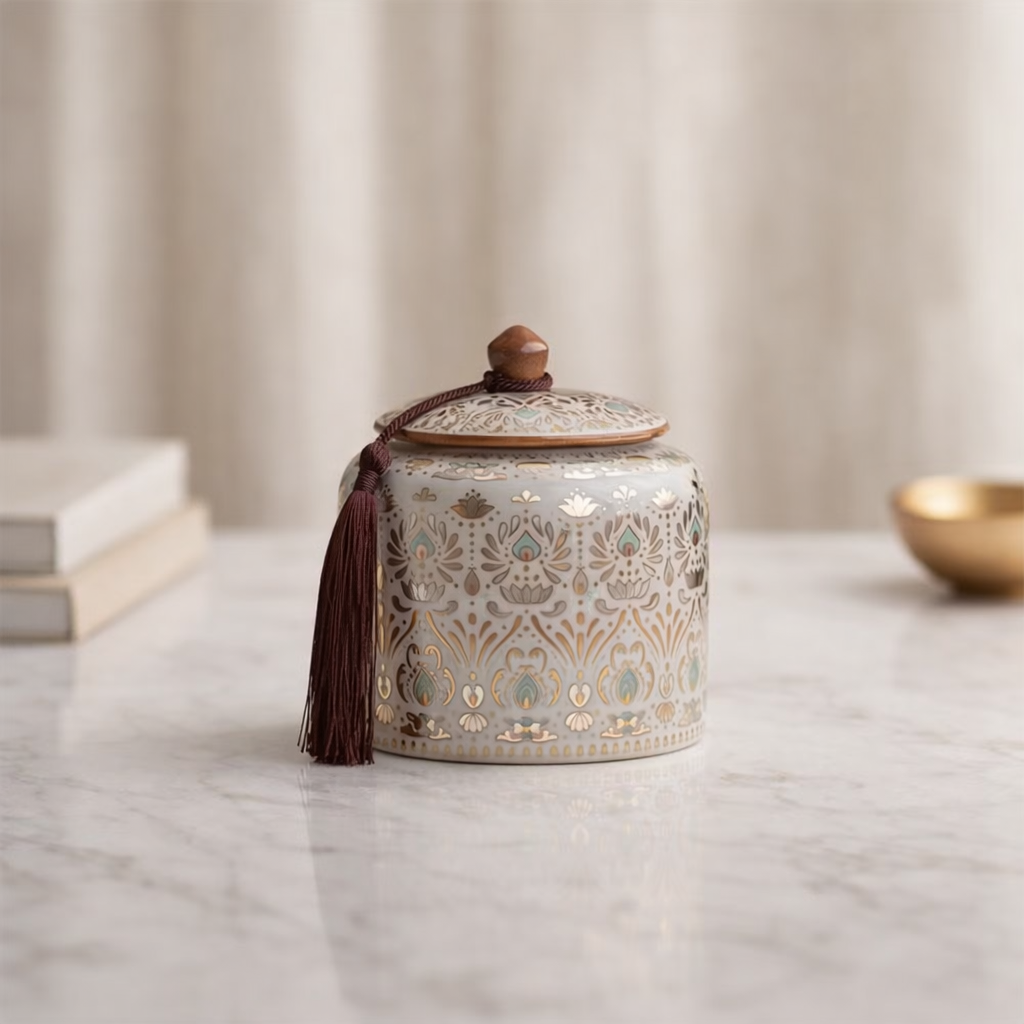 Lotus-Dekodose mit Deckel – Keramikdose mit Gold- und Silber-Inlay