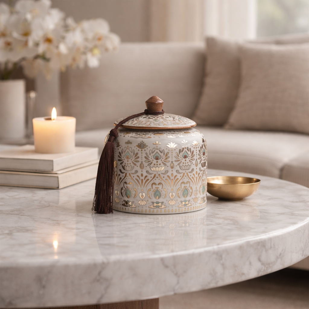 Lotus-Dekodose mit Deckel – Keramikdose mit Gold- und Silber-Inlay