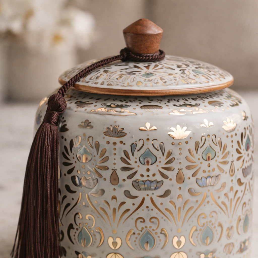 Lotus-Dekodose mit Deckel – Keramikdose mit Gold- und Silber-Inlay
