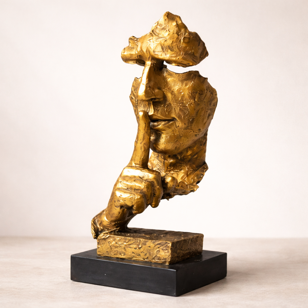 Silence Is Golden Skulptur 35 cm hoch in goldener Harz-Sandstein-Optik