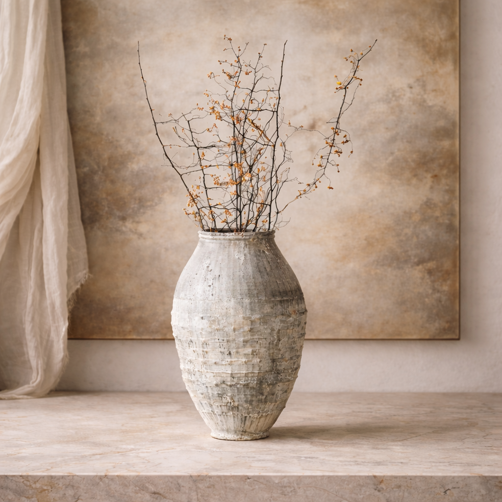 Graue Bodenvase A3196 aus Resin, oval, 62 cm hoch