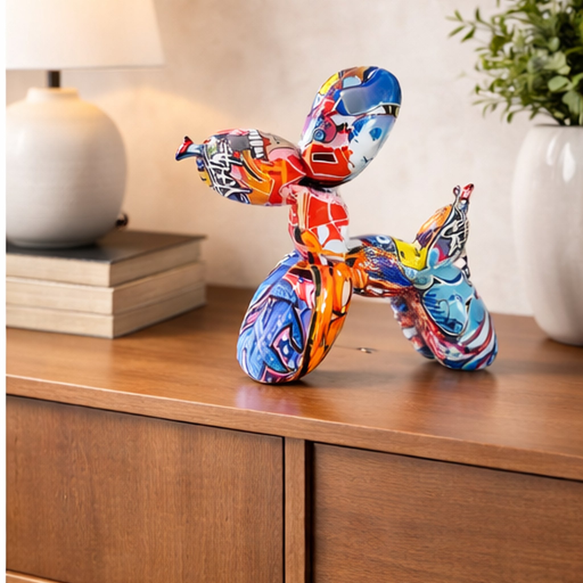 Graffiti-Ballonhund-Skulptur aus Resin, farbenfroh, 17 cm hoch, 21 cm lang, auf einem Regal